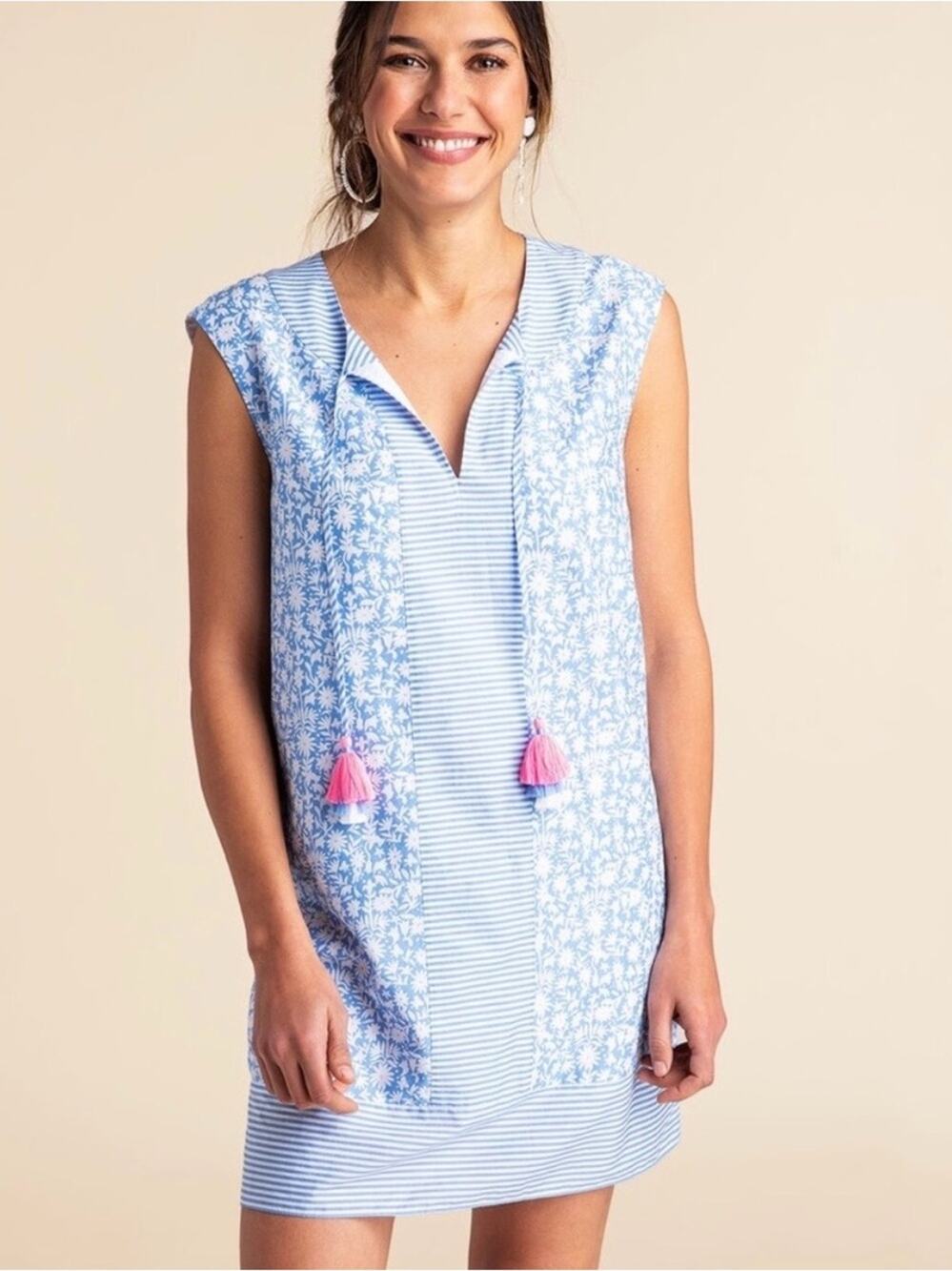 Vineyard Vines Otomi Border Tunic Dress Blue Floral Tassel Ties Size Small